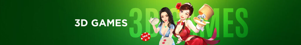 MWIN8 3D Games banner with two animated female characters holding dice, chips, and game props on a green background