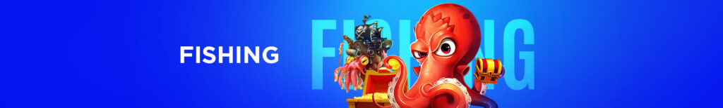 MWIN8 Fishing banner featuring a red octopus guarding treasure with pirate-themed graphics on a blue background