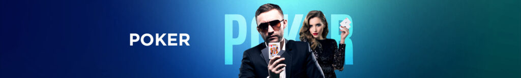 MWIN8 Poker banner featuring confident players holding cards, promoting online poker games.