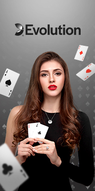Evolution Live Casino banner with elegant female dealer holding cards and floating playing cards in background