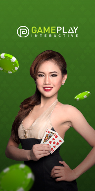 Gameplay Interactive live casino banner with smiling female dealer holding cards and floating poker chips on a green background