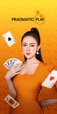 Pragmatic Play Live Casino banner with elegant female dealer in orange dress holding playing cards