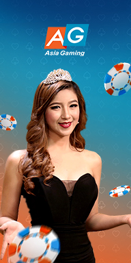 Asia Gaming (AG) Live Casino banner with smiling female dealer in black dress and poker chips floating in the background