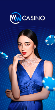 WM Casino live casino banner with elegant female dealer in blue dress and floating poker chips