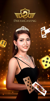 DreamGaming live casino banner with elegant female dealer in black dress, crown, dice, and playing cards
