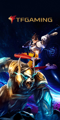 TF Gaming esports banner featuring futuristic heroes and warriors in an intergalactic battle scene