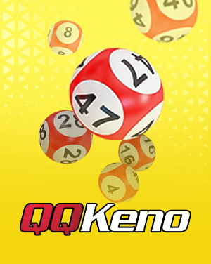 MWIN8 QQKeno banner with colorful numbered lottery balls against a bright yellow background.