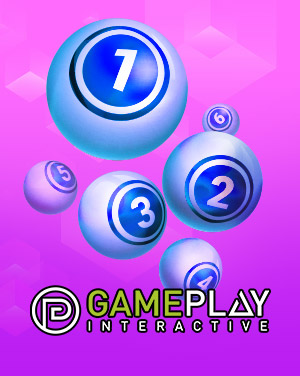 MWIN8 Gameplay Interactive lottery banner with floating numbered balls on a vibrant pink background.