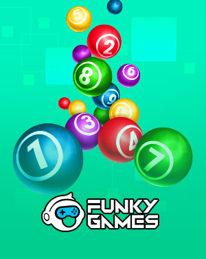 MWIN8 Funky Games lottery banner with colorful numbered balls floating on a bright green background.