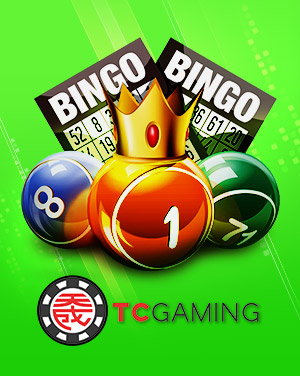 MWIN8 TC Gaming lottery banner featuring colorful bingo balls, bingo cards, and a golden crown on a green background.