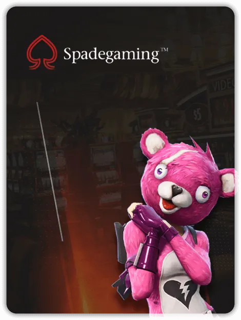 Spadegaming Fishing game banner at MWIN8 featuring a quirky pink bear character holding a weapon for arcade-style underwater battles