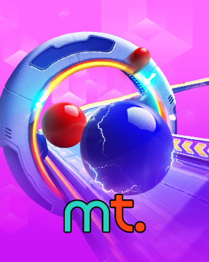 MWIN8 TV Games MT banner featuring futuristic glowing spheres and a neon race track design on a vibrant pink background.